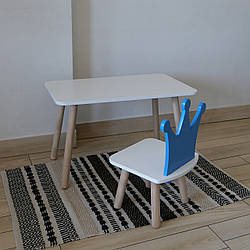 Комплект стіл та стул дитячий ChildWood - Set Стіл білий прямокутний + стілець білий блакитний Корона