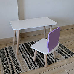 Комплект стіл та стул дитячий ChildWood - Set Стіл білий прямокутний + стілець білий бузковий Ведмедик