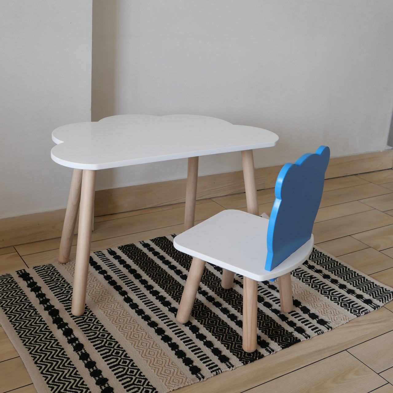 Комплект дитячий стіл хмаринка та стул білий блакитний Ведмедик, фото 1