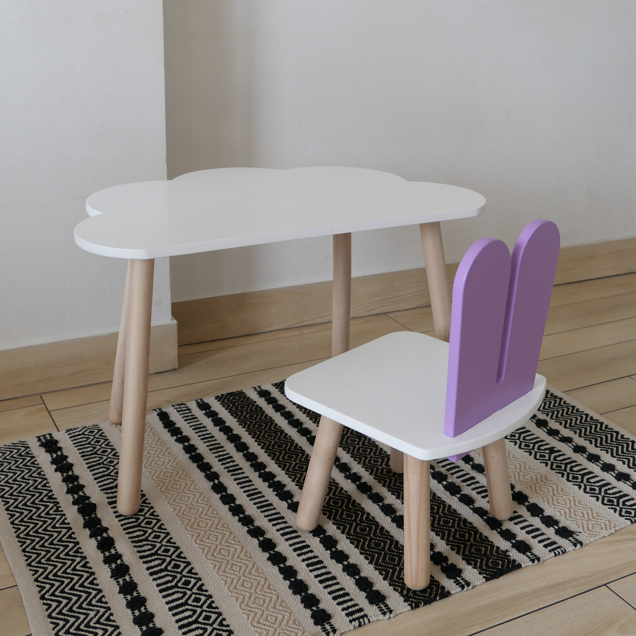 Комплект дитячий стіл хмаринка та стул білий бузковий Зайчик, фото 1