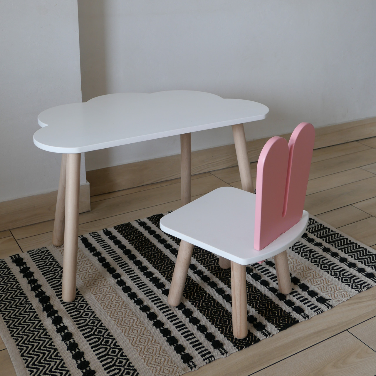 Комплект дитячий стіл хмаринка та стілець білий рожевий Зайчик, фото 1