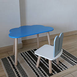 Комплект дитячий стіл блакитний хмаринка та стілець білий сірий Зайчик. Для діток 1-ї групи зросту 93-116см