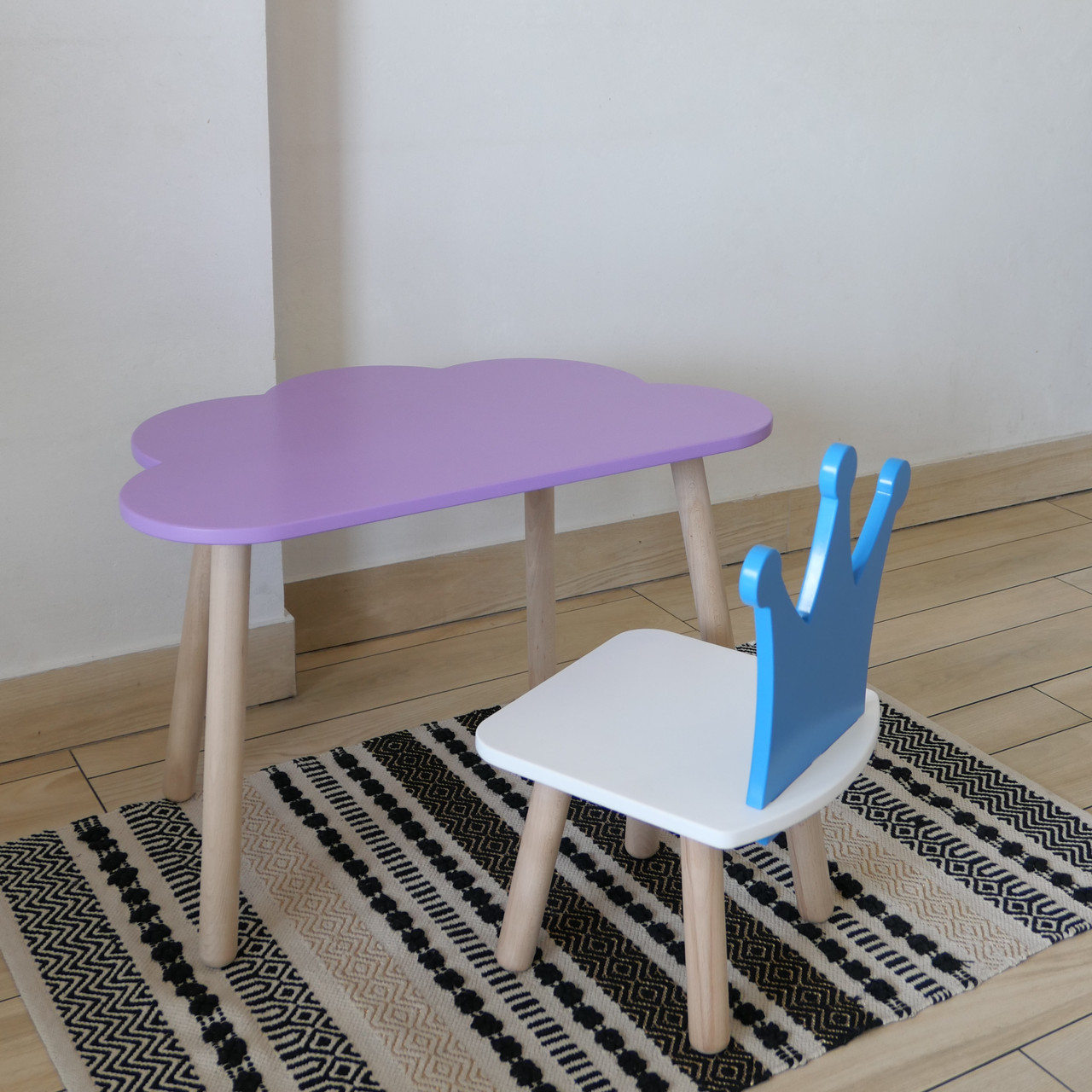 Комплект стіл та стул дитячий ChildWood - Set  Стіл бузковий хмаринка + стілець білий блакитний Корона, фото 1