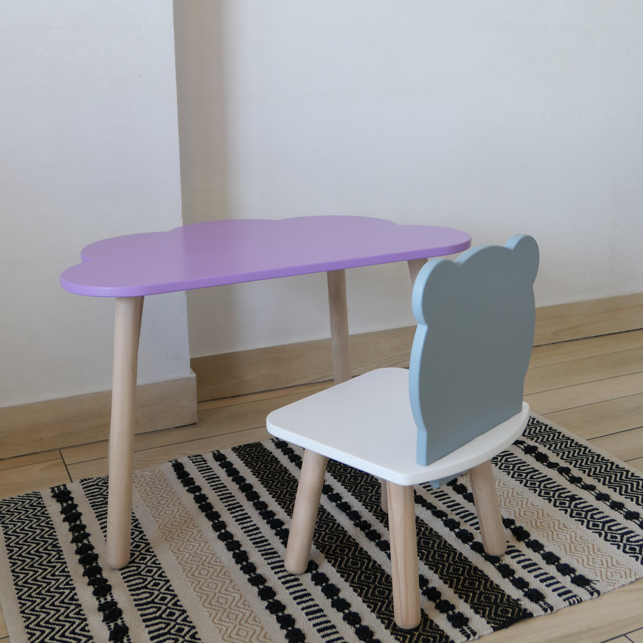 Комплект стіл та стул дитячий ChildWood - Set Стіл бузковий хмаринка + стілець білий сірий Ведмедик (Фанера), фото 1