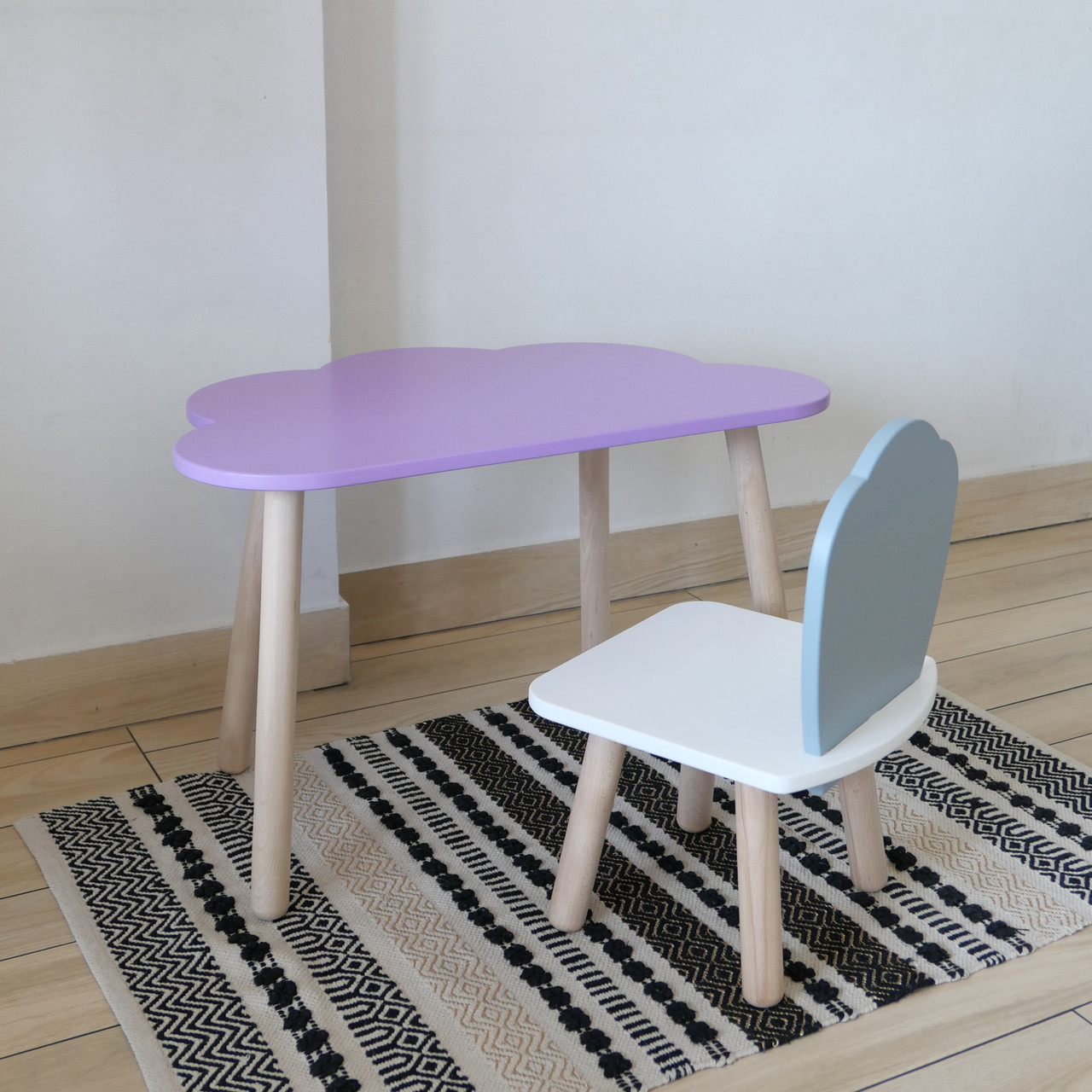 Комплект стіл та стул дитячий ChildWood - Set Стіл бузковий хмаринка + стілець білий сірий Мушля (Фанера), фото 1