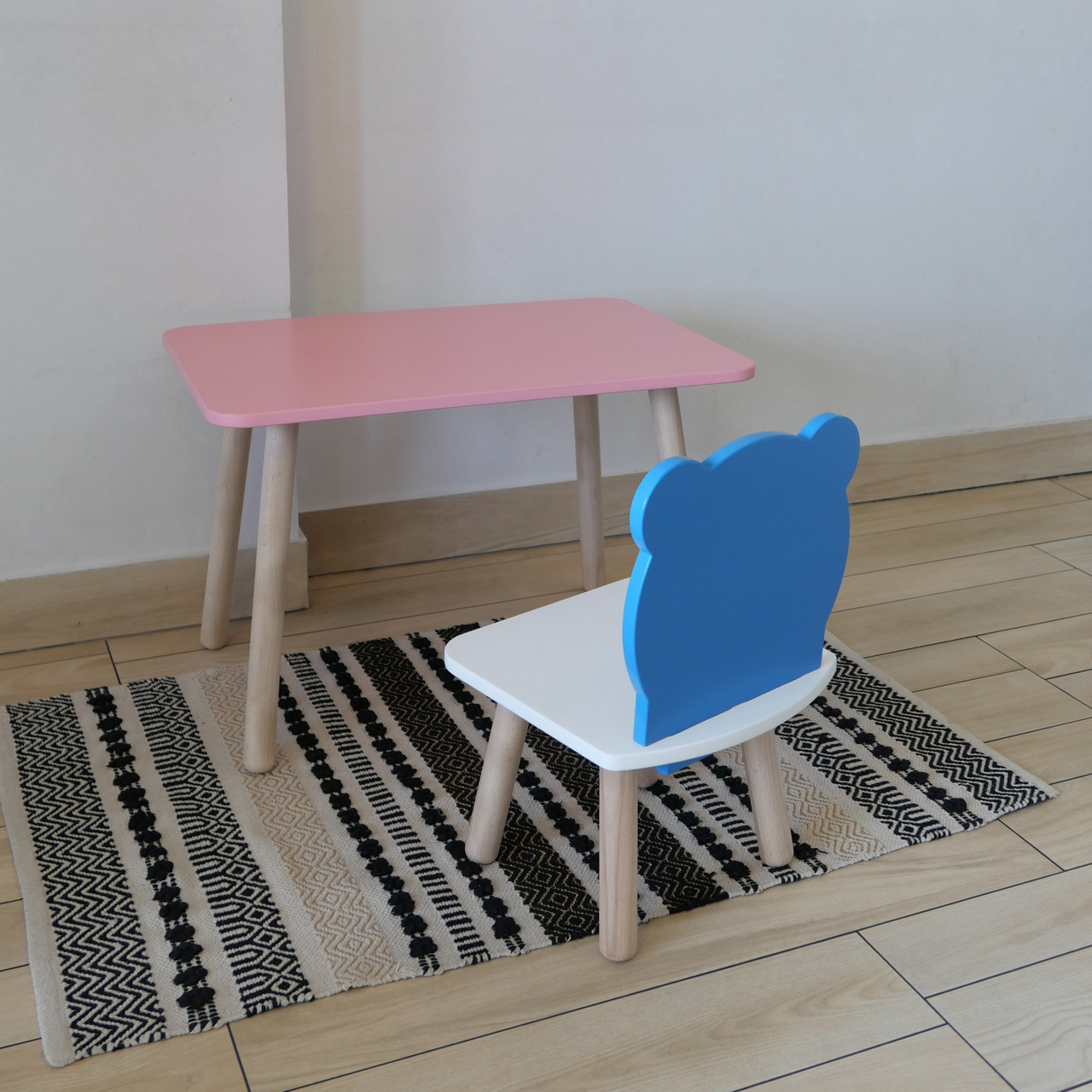 Комплект стіл та стул дитячий ChildWood - Set Стіл рожевий прямокутний + стілець білий блакитний Ведмедик, фото 1