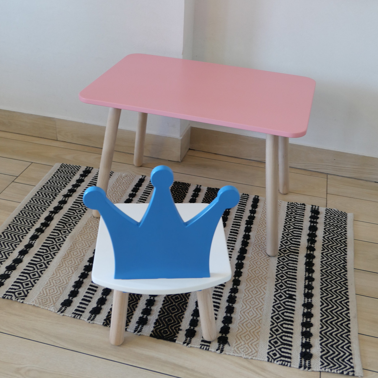 Комплект стіл та стул дитячий ChildWood - Set  Стіл рожевий прямокутний + стілець білий блакитний Корона, фото 1