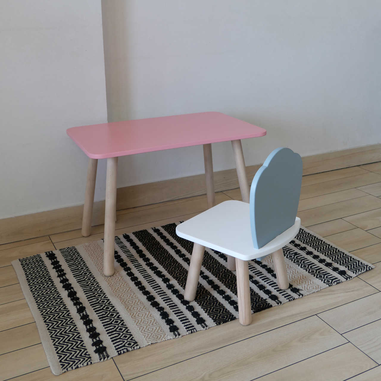Комплект стіл та стул дитячий ChildWood - Set Стіл рожевий прямокутний + стілець білий сірий Мушля (Фанера), фото 1