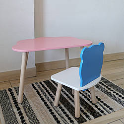 Комплект стіл та стул дитячий ChildWood - Set Стіл рожевий хмаринка + стілець білий блакитний Ведмедик