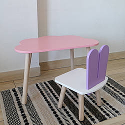 Комплект стіл та стул дитячий ChildWood - Set Стіл рожевий хмаринка + стілець білий бузковий Зайчик (Фанера)