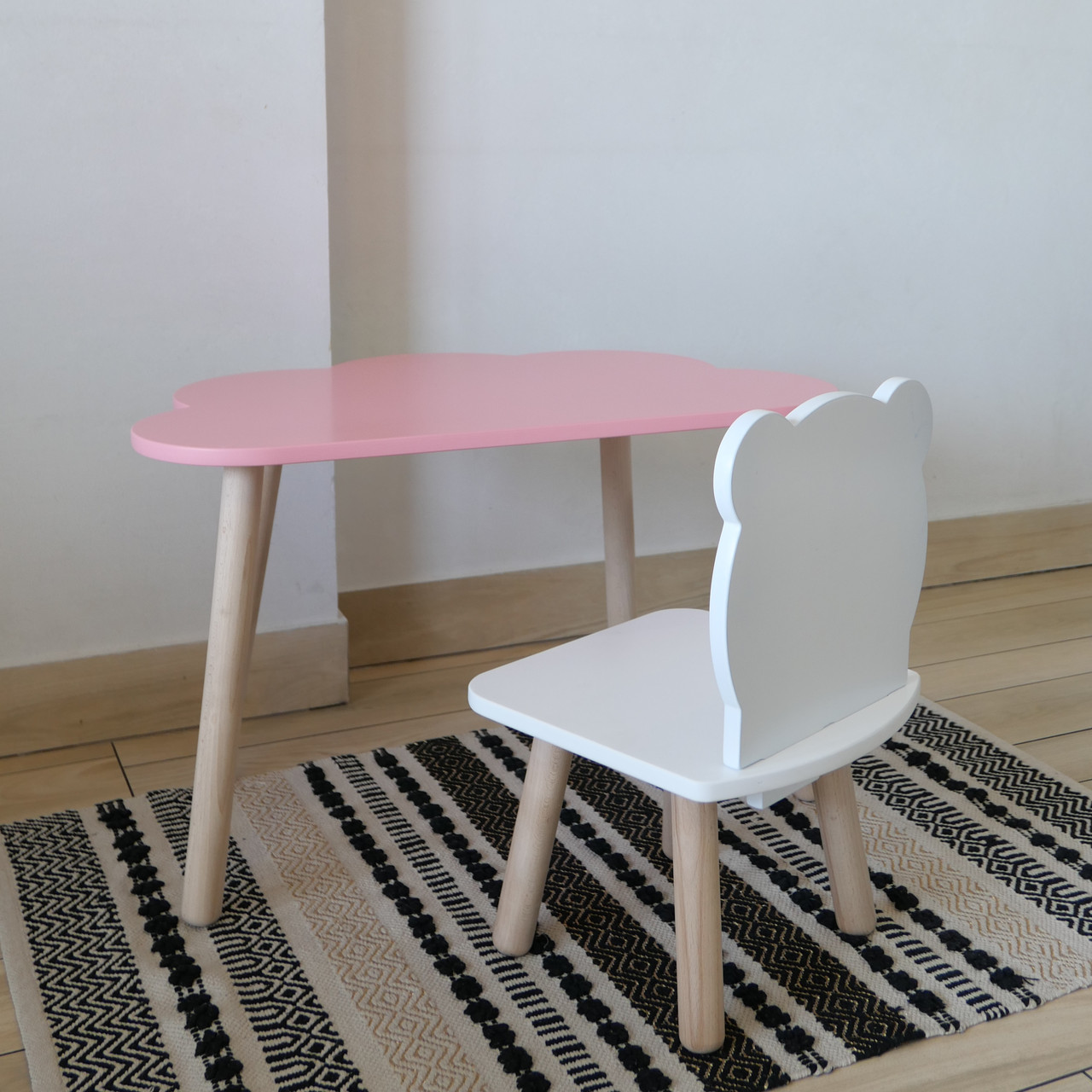 Комплект стіл та стул дитячий ChildWood - Set  Стіл рожевий хмаринка + стілець білий Ведмедик (Фанера), фото 1