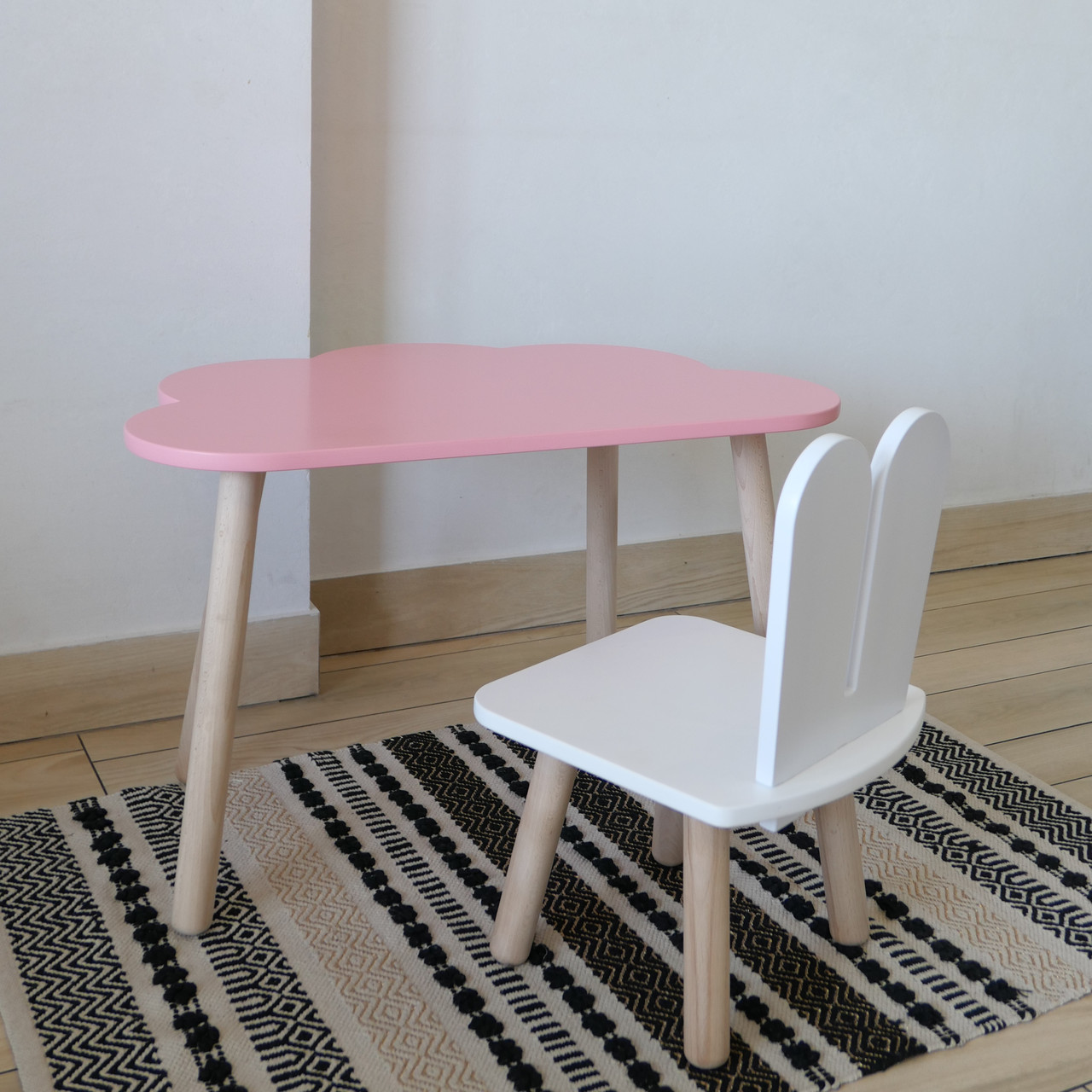Комплект стіл та стул дитячий ChildWood - Set  Стіл рожевий хмаринка + стілець білий Зайчик  (Фанера), фото 1