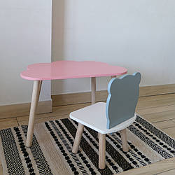 Комплект стіл та стул дитячий ChildWood - Set Стіл рожевий хмаринка + стілець білий сірий Ведмедик (Фанера)