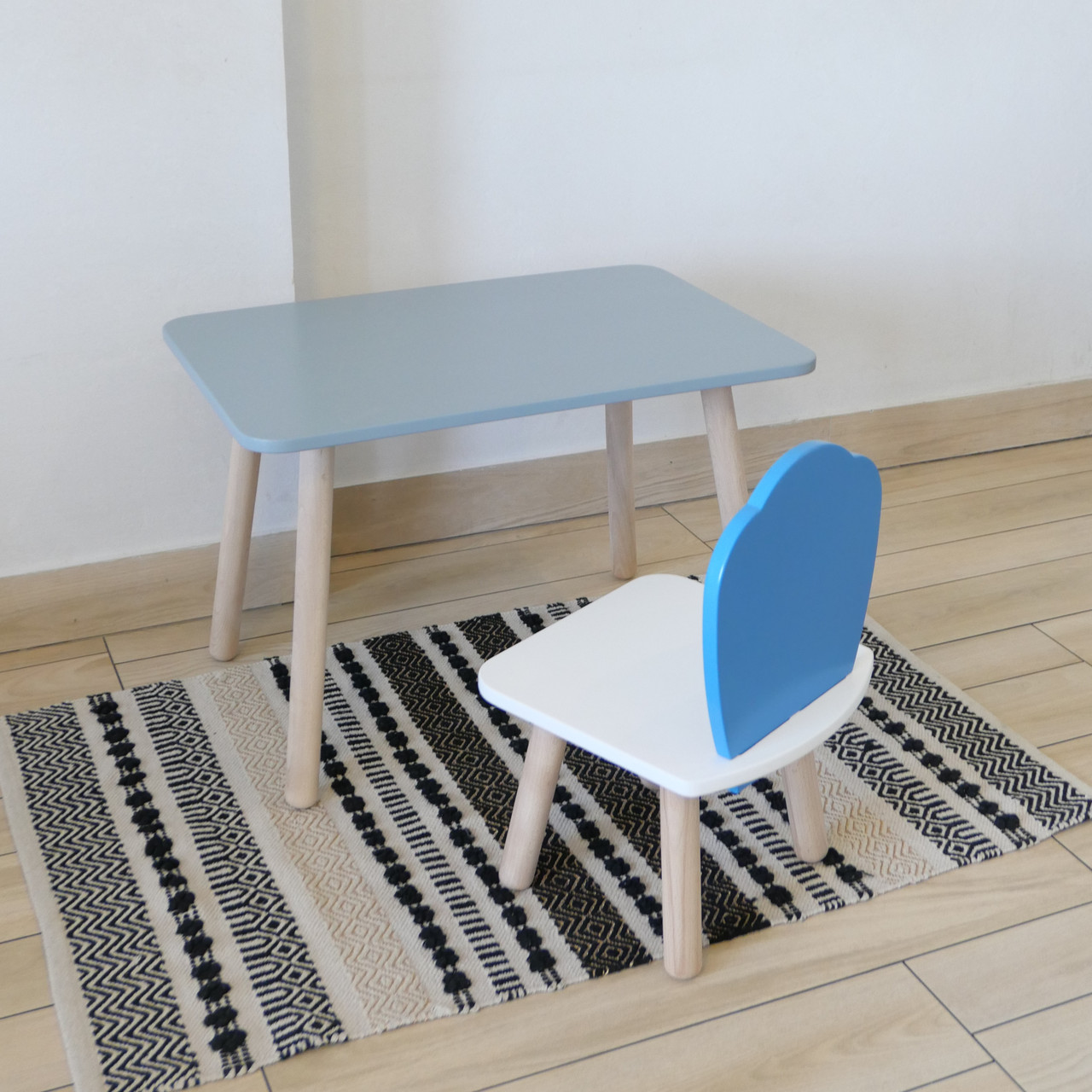 Комплект стіл та стул дитячий ChildWood - Set Стіл сірий прямокутний + стілець білий блакитний Мушля (Фанера), фото 1