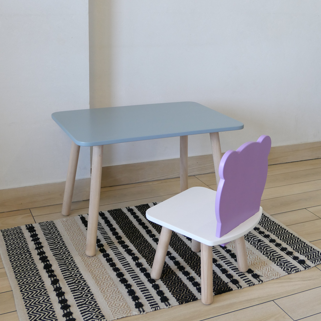 Комплект стіл та стул дитячий ChildWood - Set Стіл сірий прямокутний + стілець білий бузковий Ведмедик, фото 1