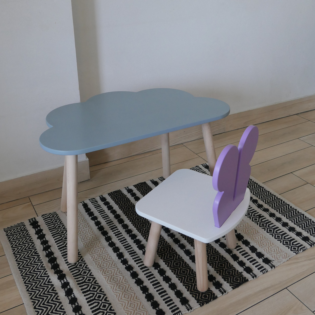 Комплект стіл та стул дитячий ChildWood - Set  Стіл сірий хмаринка + стілець білий бузковий Метелик  (Фанера), фото 1