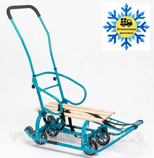 Дитячі санки на коліщатках (висувні) Патріот з ручкою штовхачем (складна регульована) смарагдовий