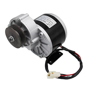 Електричний колекторний двигун з редуктором MY1016Z, електродвигун 12V 250W з ніжками, довгий вал, зі шківом + роз'єм, фото 1