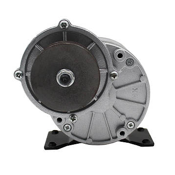 Електричний колекторний двигун з редуктором MY1016Z, електродвигун 12V 250W з ніжками, довгий вал, зі шківом + роз'єм, фото 2