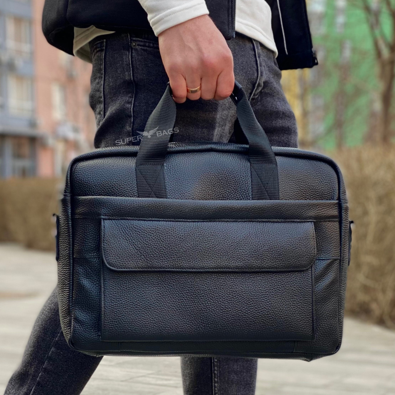 Чоловічий шкіряний портфель для ноутбука та паперів 39х28х7, сумка для ділових поїздок, чорна, фото 1