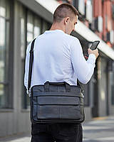 Чоловіча шкіряна сумка для ноутбука 39х28х7, офісний портфель для роботи, чорний, фото 2