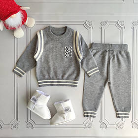 Дитячий сірий теплий в'язаний костюм для новонароджених