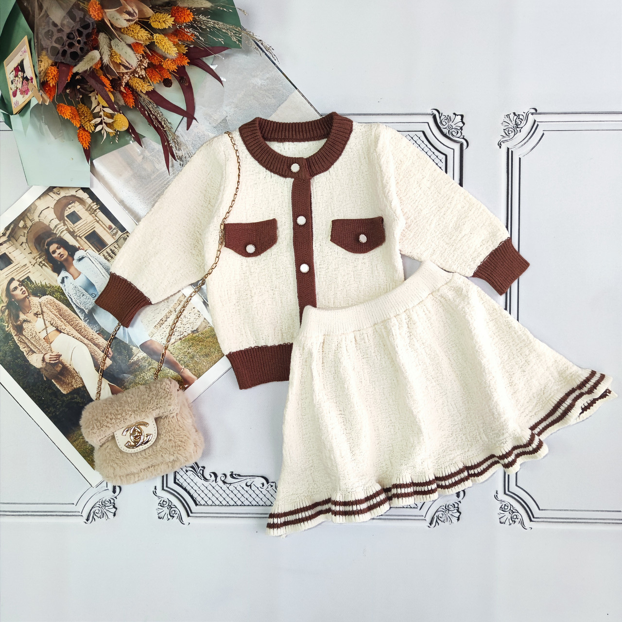 В'язаний дитячий костюм зі спідницею, комплект кардиган зі спідницею для дівчинки