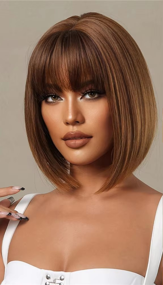 Перука каре з чубчиком термоперука коричнева (LC2071-2), фото 1