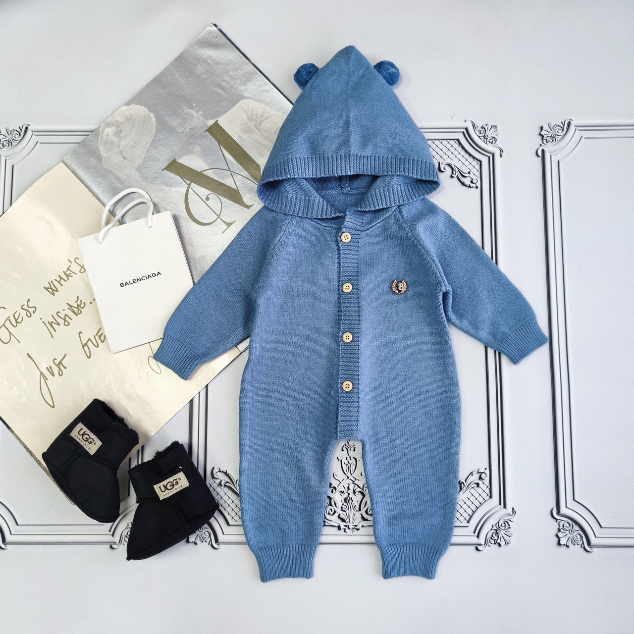 Дитячий в'язаний чоловічок з капюшоном, ромпер для новонароджених.