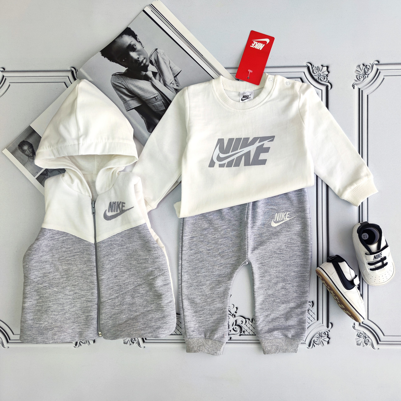 Дитячий чорний костюм Louis Vuitton, комплект трійка з утепленою жилеткою