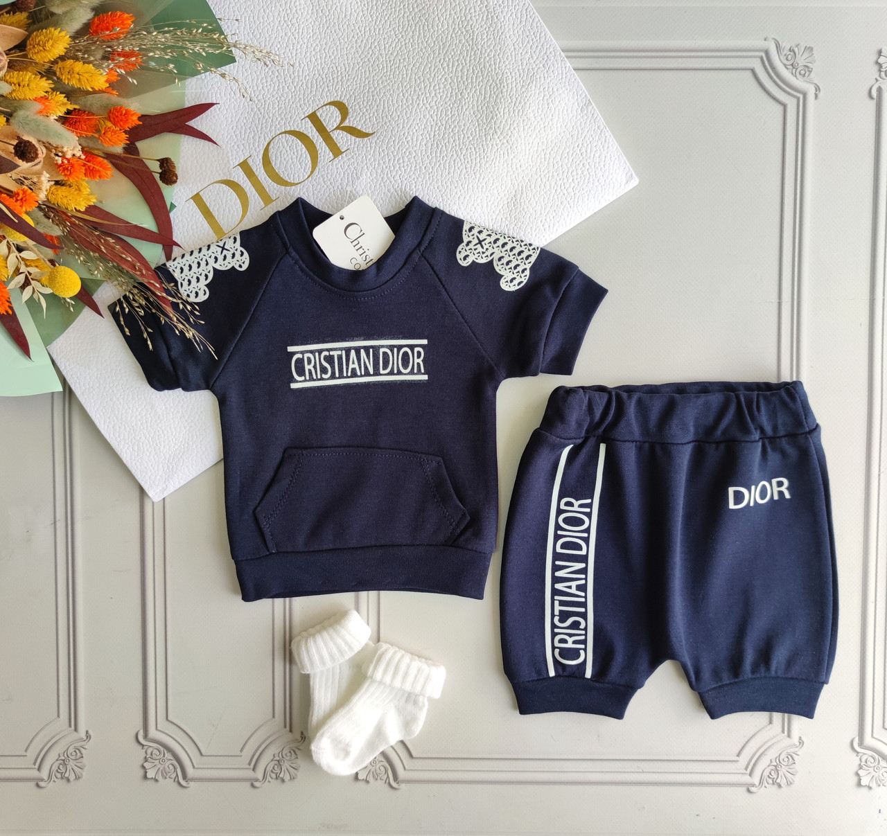Дитячий синій літній костюм Діор з шортами для новонароджених