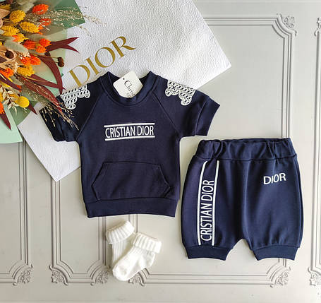 Дитячий синій літній костюм Діор з шортами для новонароджених, фото 1