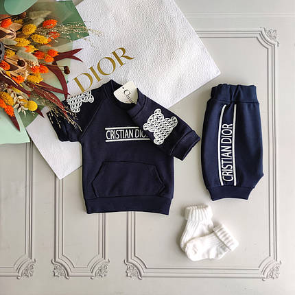 Дитячий синій літній костюм Діор з шортами для новонароджених, фото 2