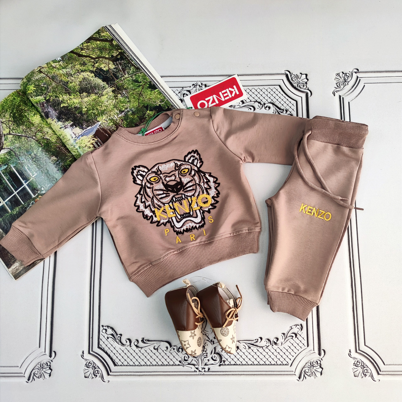 Дитячий бежевий прогулянковий костюм Кензо для новонароджених