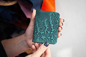 Обкладинка для ID паспорта жіноча шкіряна темно-бірюзова з лавандою. Обкладинка на права жіноча