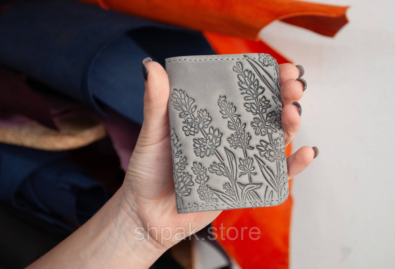 Обкладинка для ID паспорта жіноча шкіряна сіра з лавандою. Обкладинка на права жіноча, фото 1
