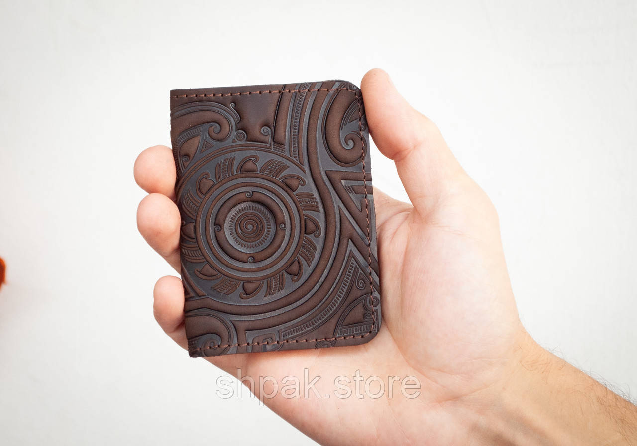 Обкладинка для ID паспорта чоловіча шкіряна темно-коричнева з тисненням Плин Часу | Обкладинка на права 4 відділа, фото 1