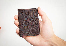 Обкладинка для ID паспорта чоловіча шкіряна темно-коричнева з тисненням Плин Часу | Обкладинка на права 4 відділа