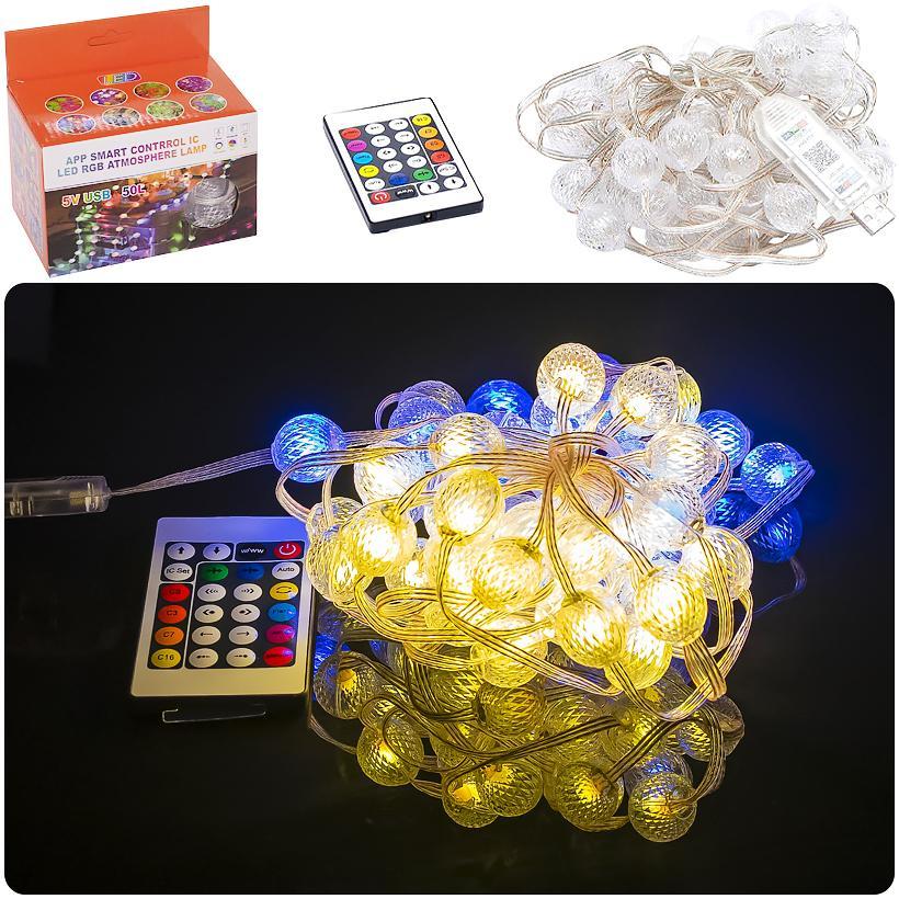 Гірлянда RGB з пультом «Кулька велика» 16 режимів змінює колір, 5 метрів 50 шт, USB - від мережі Power Bank або ПК