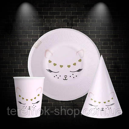 Посуд одноразовий паперовий Кішечка на рожевому набір 10 тарілок 10 стаканчиків 10 ковпачків