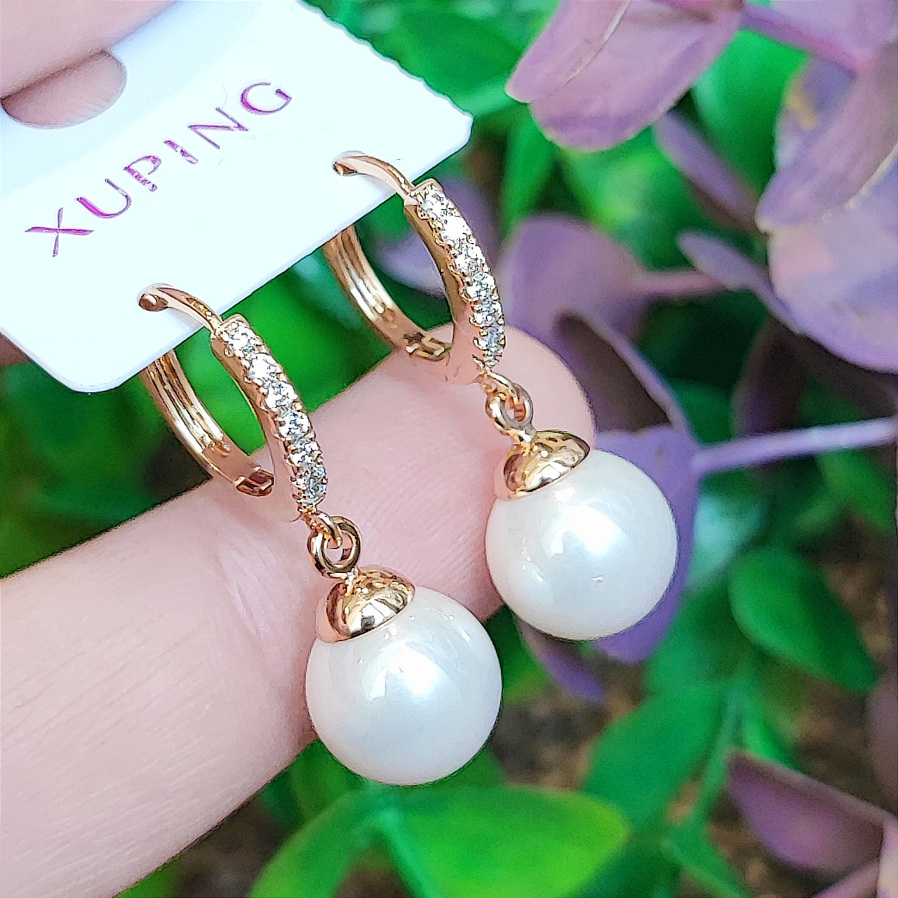 Сережки Xuping довжина 3см перли 10мм медичне золото позолота 18К с1514