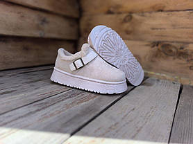 Угги-тапки UGG короткие БЕЖЕВЫЕ BEIGE с ремешком на высокой подошве с утепленной стелькой, фото 5