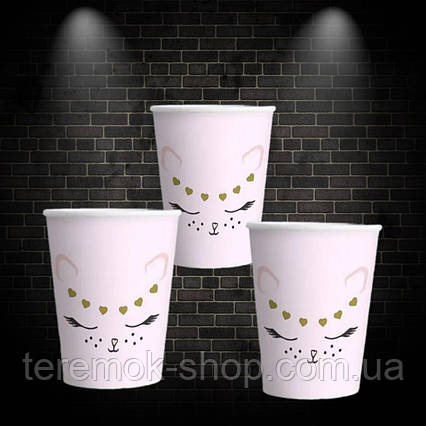Паперові одноразові стаканчики рожеві з малюнком Кішечка набір 10 шт