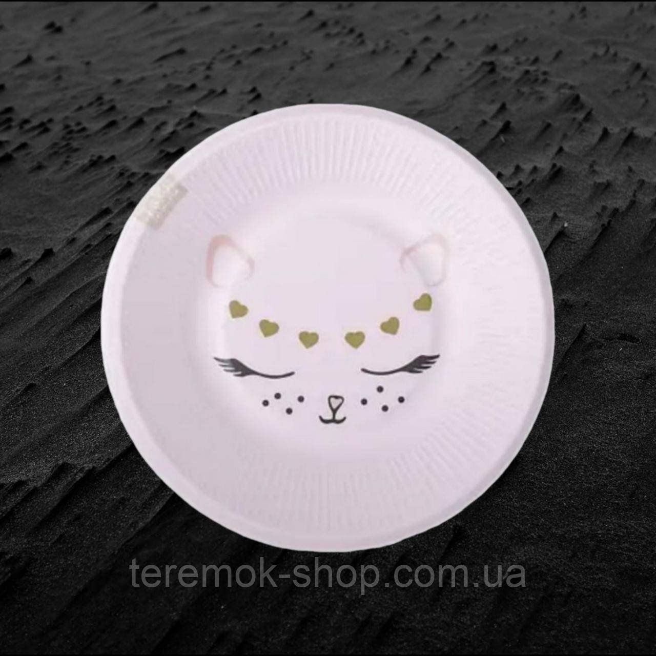 Тарілки з малюнком Кішечка на рожевому дитячі одноразові паперові набір 10 штук 18 см, фото 1