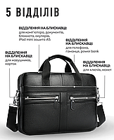 Чоловіча шкіряна сумка для ноутбука та документів 39x29x7, портфель для офісного працівника, чорний, фото 3