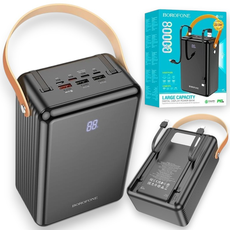Повербанк Power Bank Borofone BJ32 80000 mAh QC3.0+ PD22.5W Потужний зовнішній портативний акумулятор, чорний