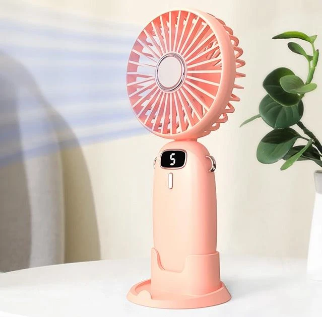Ручний/настільний п'ятишвидкісний вентилятор D14 акумуляторний з дисплеєм та підставкою для телефону, 19.9х9.5х3.6 см, рожевий, фото 1