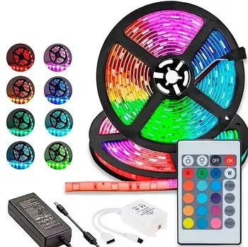 Самоклеюча світлодіодна LED стрічка RGB 5050 вологостійка 5 м 16 кольорів з пультом та блоком живлення
