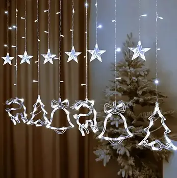Світлодіодна гірлянда штора 2,5 м USB з формами Дзвіночка Ялинки Оленя та Зірки