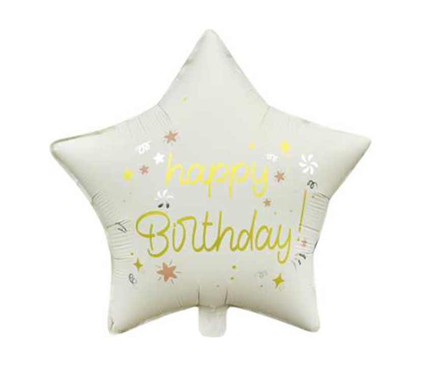 Куля фольгована зірка Happy Birthday кремова